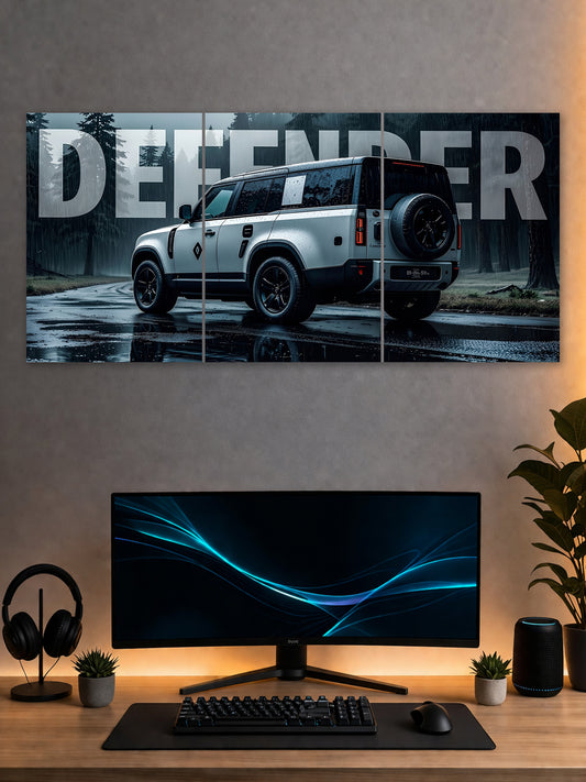 Land Rover Defender Rain Edition Split Poster – Luxury SUV Wall Art (3 Panel)