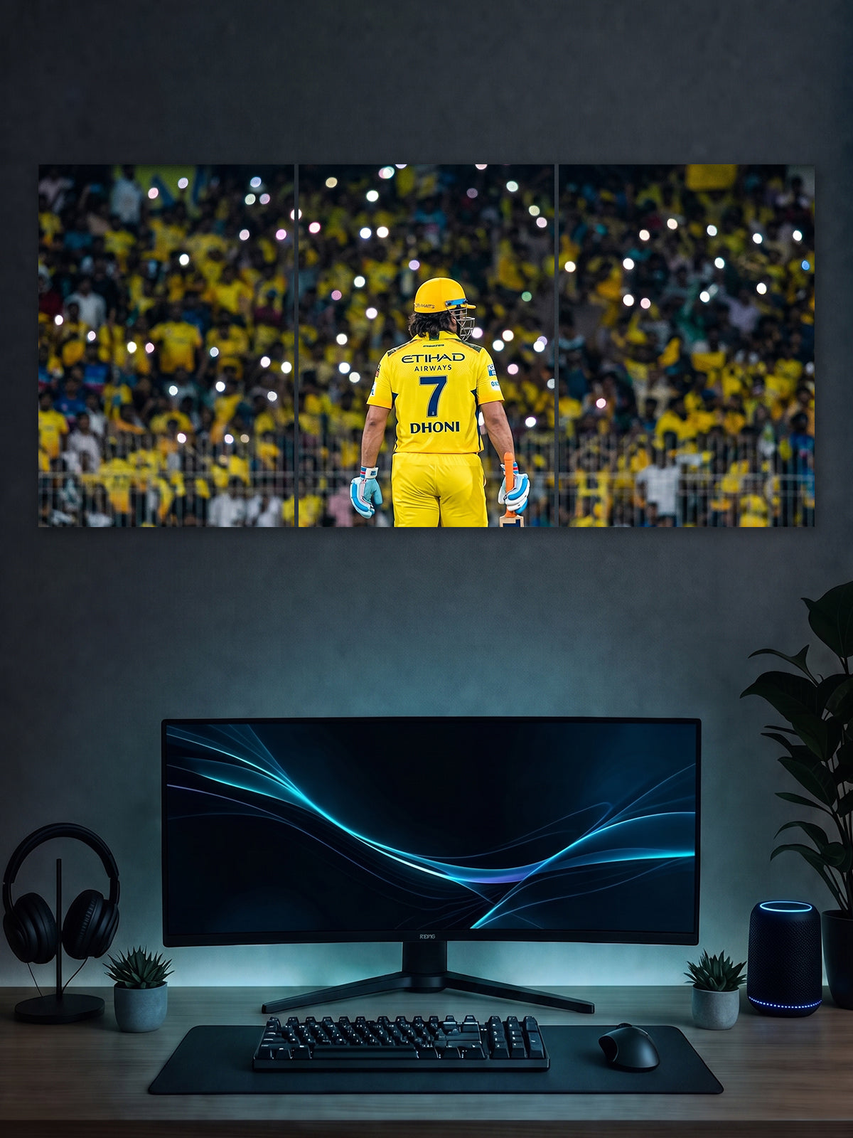 MS Dhoni Split Poster – CSK Captain Cool Stadium Wall Art (3 Panel)