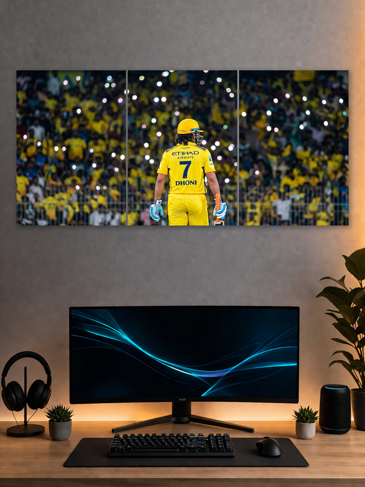 MS Dhoni Split Poster – CSK Captain Cool Stadium Wall Art (3 Panel)