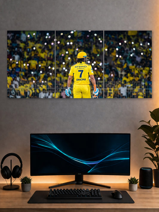 MS Dhoni Split Poster – CSK Captain Cool Stadium Wall Art (3 Panel)