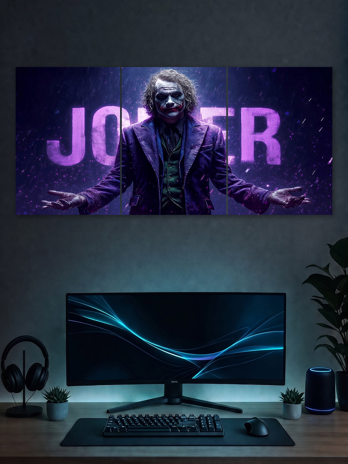 Joker Split Poster – Dark Villain Cinematic Wall Art (3 Panel)
