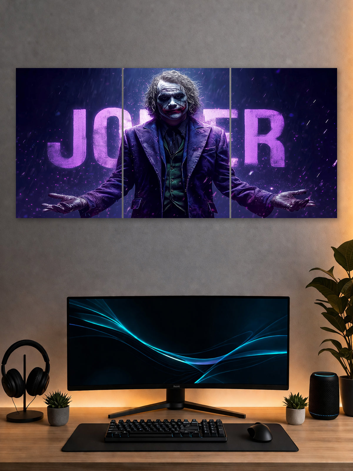 Joker Split Poster – Dark Villain Cinematic Wall Art (3 Panel)