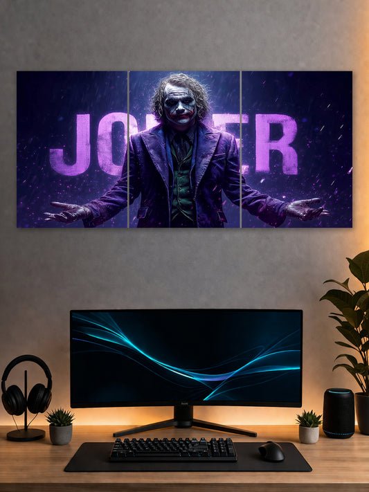 Joker Split Poster – Dark Villain Cinematic Wall Art (3 Panel)