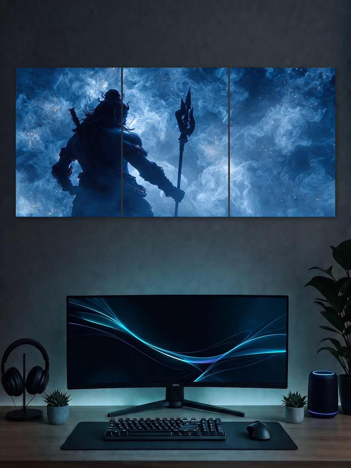 Lord Shiva Trishul Silhouette Poster – Divine Blue Smoke Wall Art (3 Panel)
