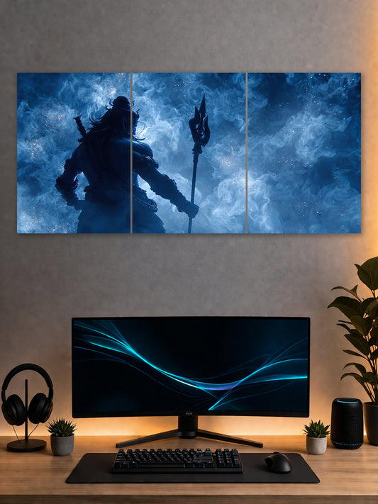 Lord Shiva Trishul Silhouette Poster – Divine Blue Smoke Wall Art (3 Panel)