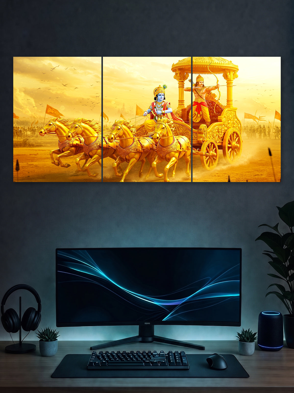 Krishna Arjuna Kurukshetra Poster – Mahabharat Divine Chariot Wall Art (3 Panel)