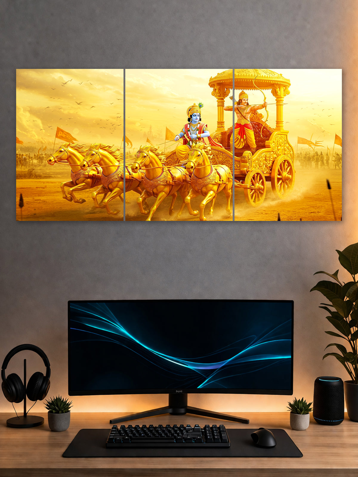 Krishna Arjuna Kurukshetra Poster – Mahabharat Divine Chariot Wall Art (3 Panel)