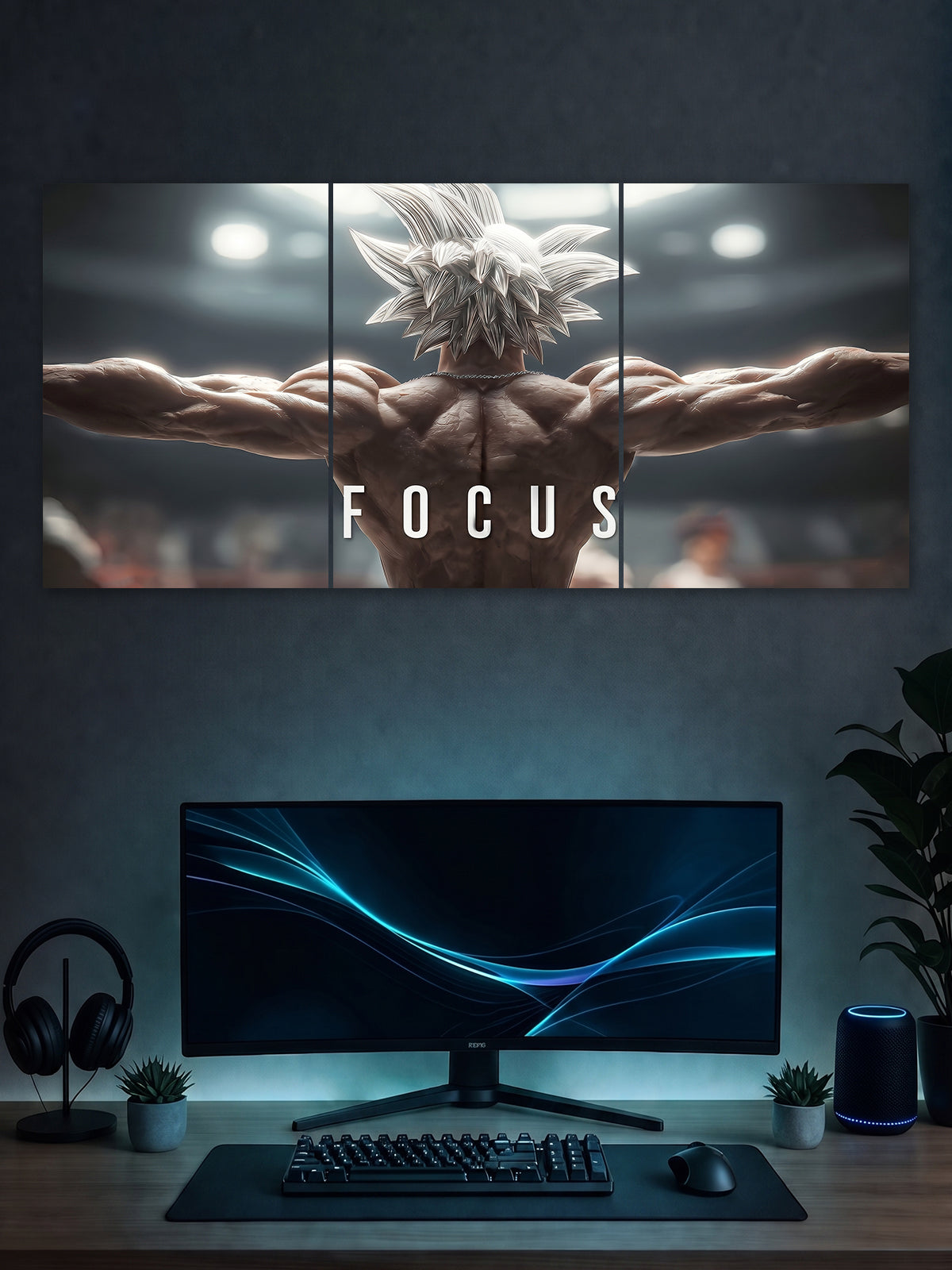 Focus Gym Motivation Poster – Anime Style Power Wall Art (3 Panel)