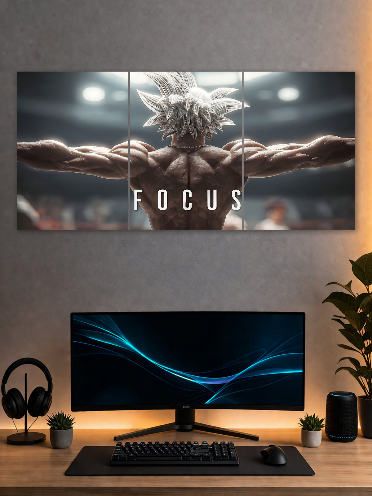 Focus Gym Motivation Poster – Anime Style Power Wall Art (3 Panel)