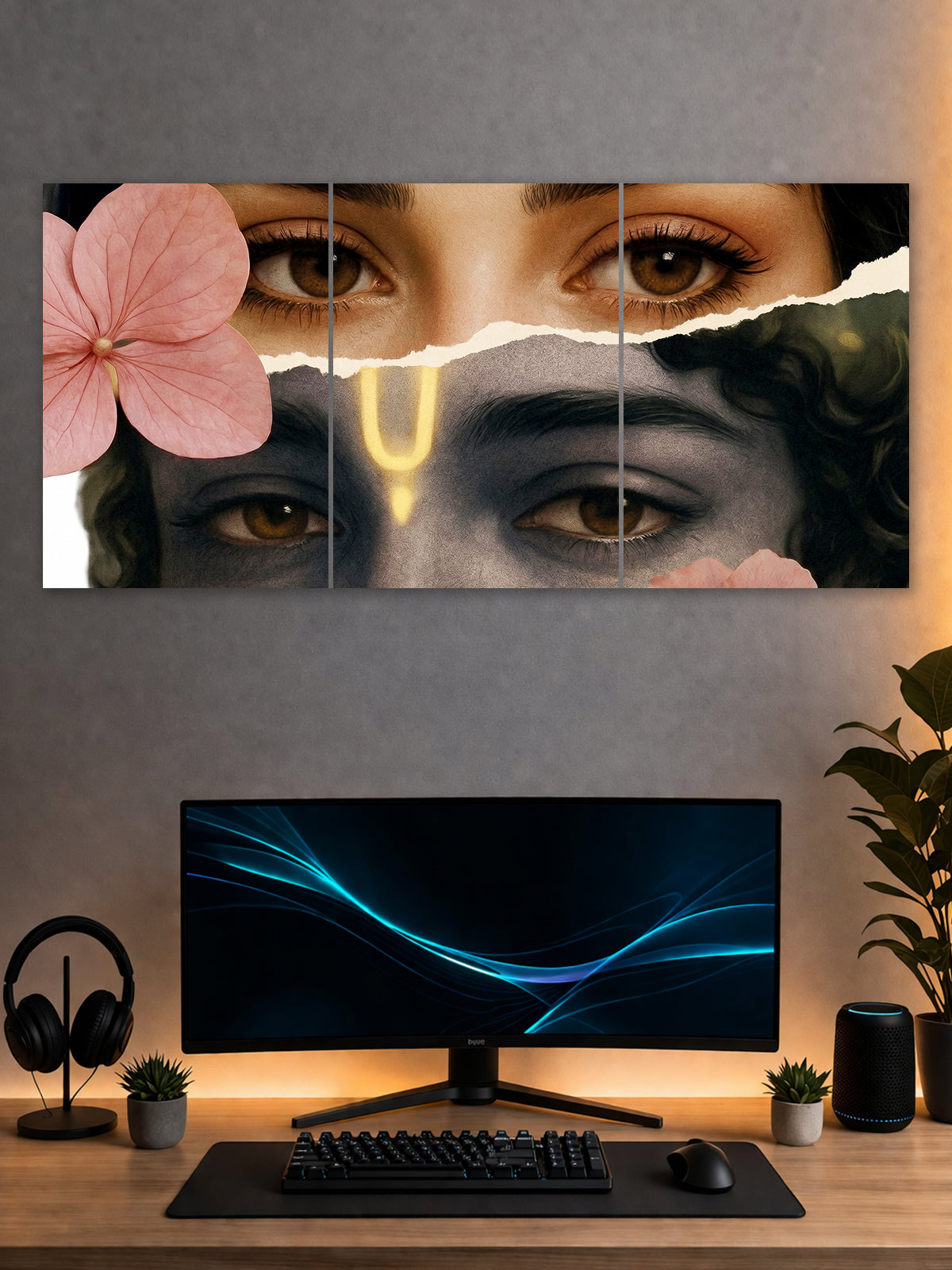 Radha Krishna Eyes Fusion Poster – Divine Love Aesthetic Wall Art (3 Panel)