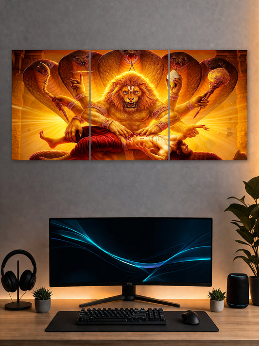 Narasimha Avatar Poster – Vishnu Divine Fury Wall Art (3 Panel)
