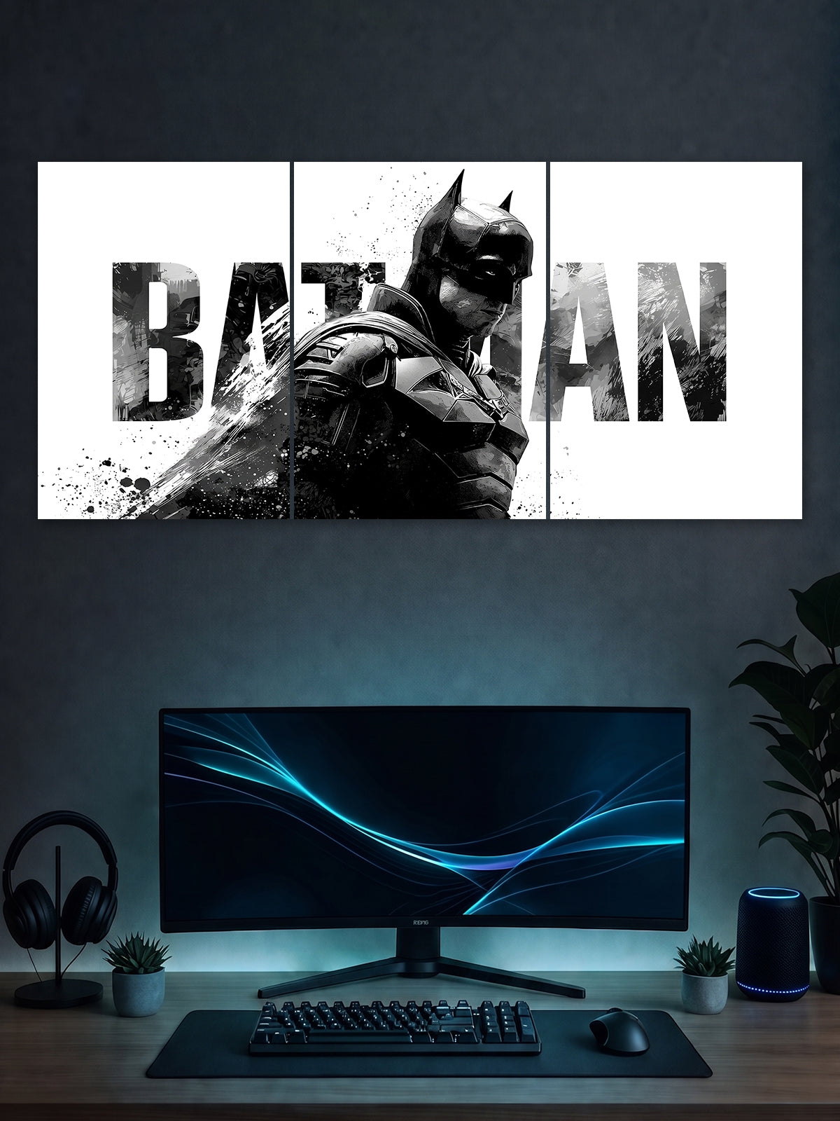 Batman Minimal Black & White Poster – Dark Knight Wall Art (3 Panel)