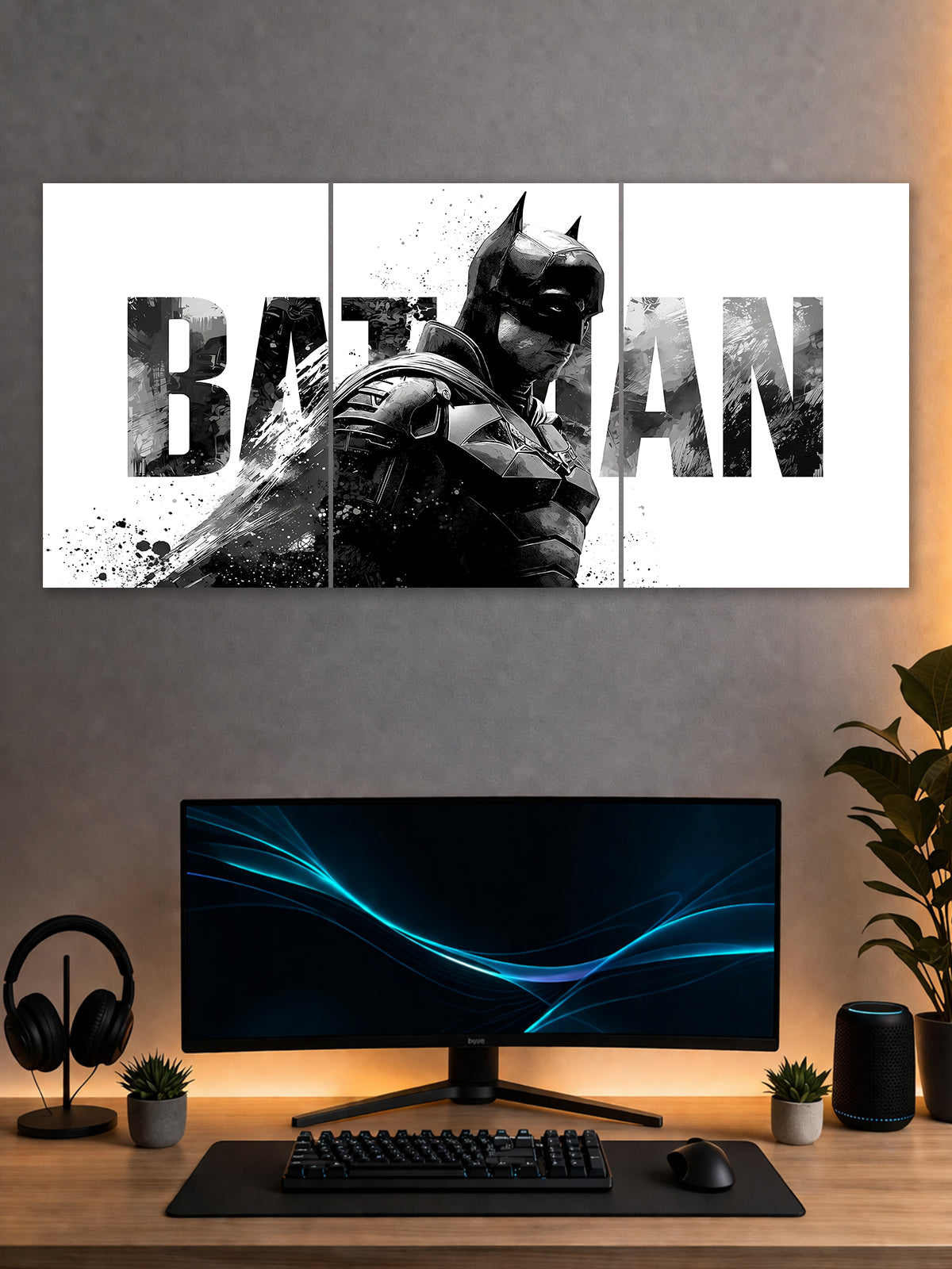 Batman Minimal Black & White Poster – Dark Knight Wall Art (3 Panel)