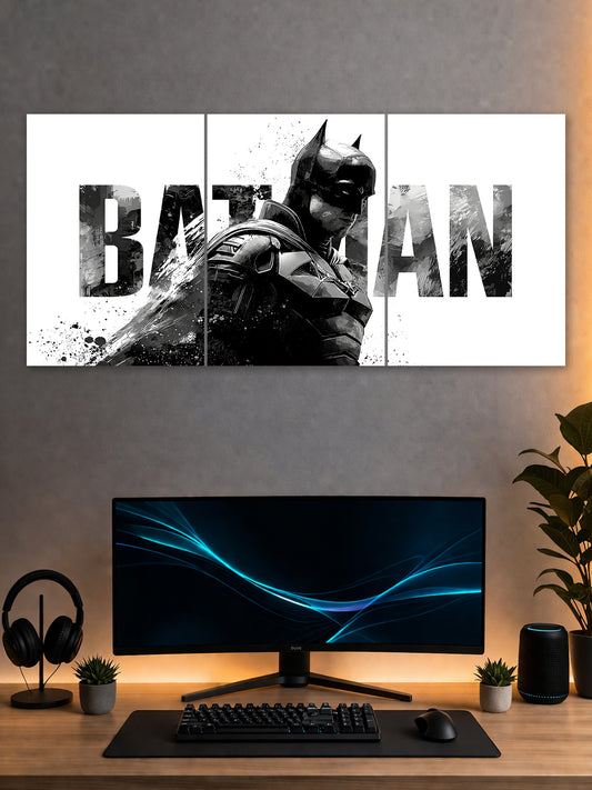 Batman Minimal Black & White Poster – Dark Knight Wall Art (3 Panel)