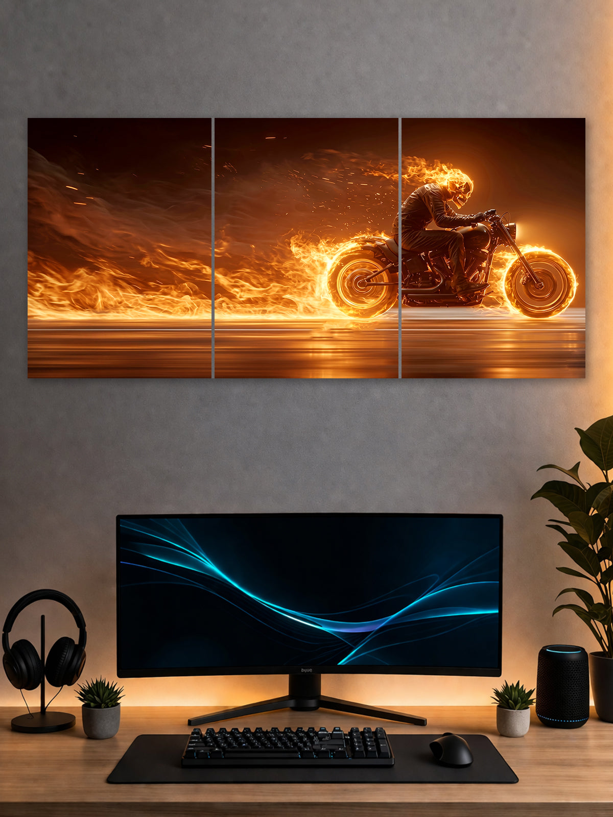 Flaming Rider Motorcycle Poster – Fire Bike 3 Panel Wall Art (Cinematic Action Style)