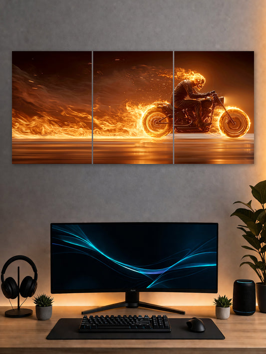 Flaming Rider Motorcycle Poster – Fire Bike 3 Panel Wall Art (Cinematic Action Style)