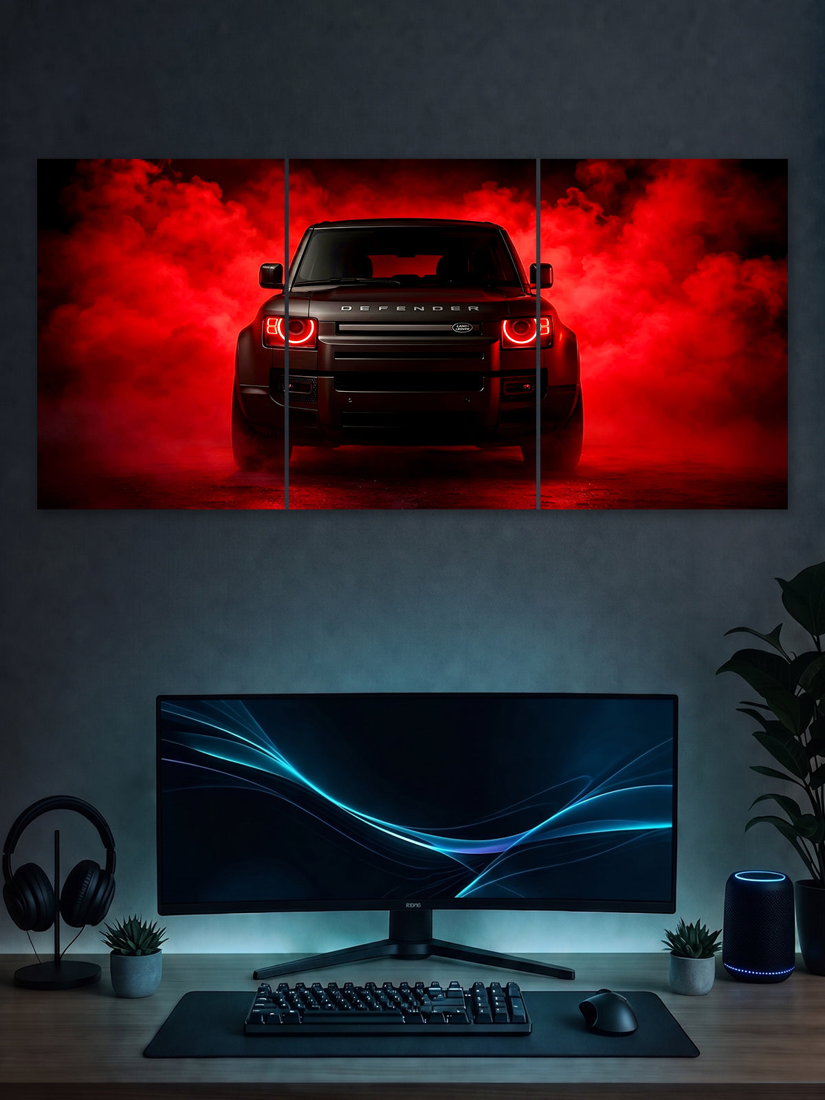 Land Rover Defender Poster – Red Smoke Power 3 Panel Wall Art