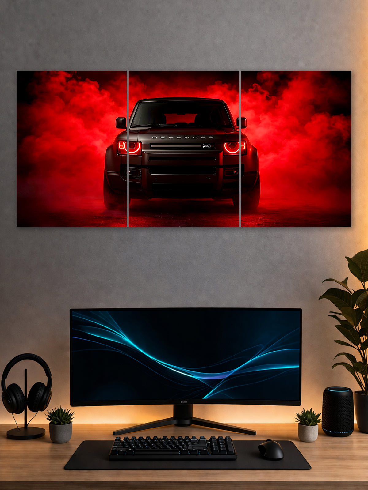 Land Rover Defender Poster – Red Smoke Power 3 Panel Wall Art