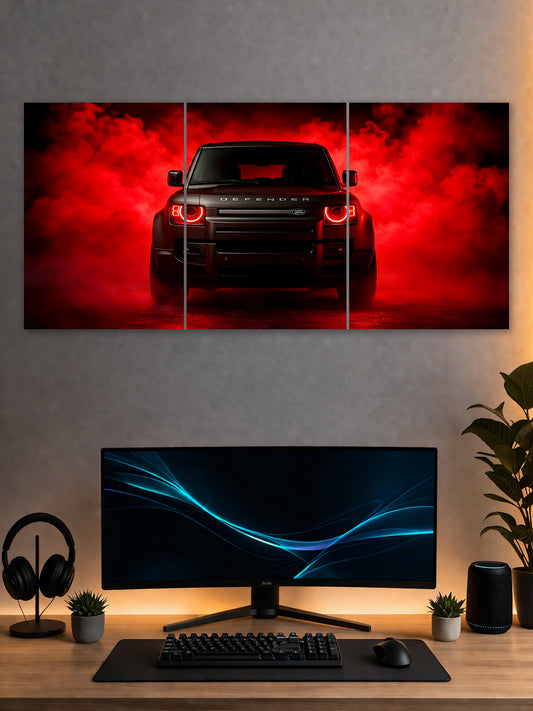 Land Rover Defender Poster – Red Smoke Power 3 Panel Wall Art