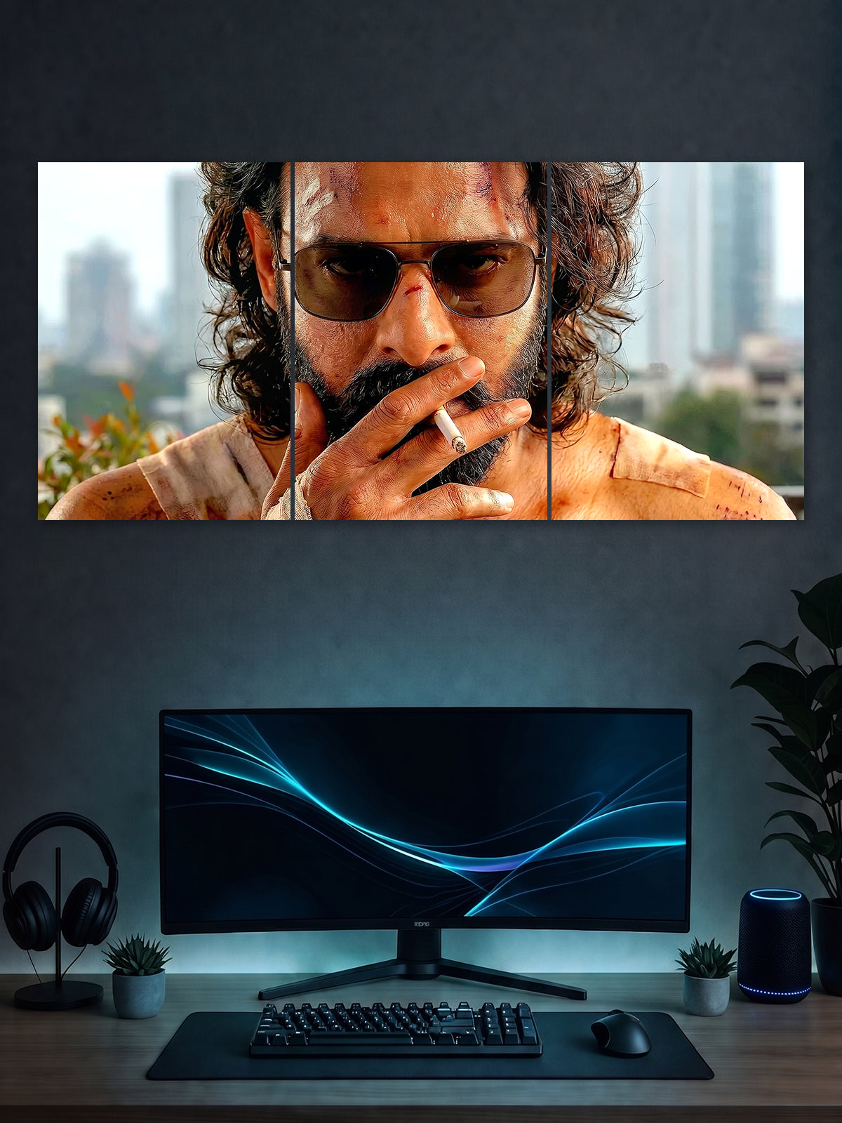 Rugged Action Hero Poster – Intense Cinematic 3 Panel Wall Art