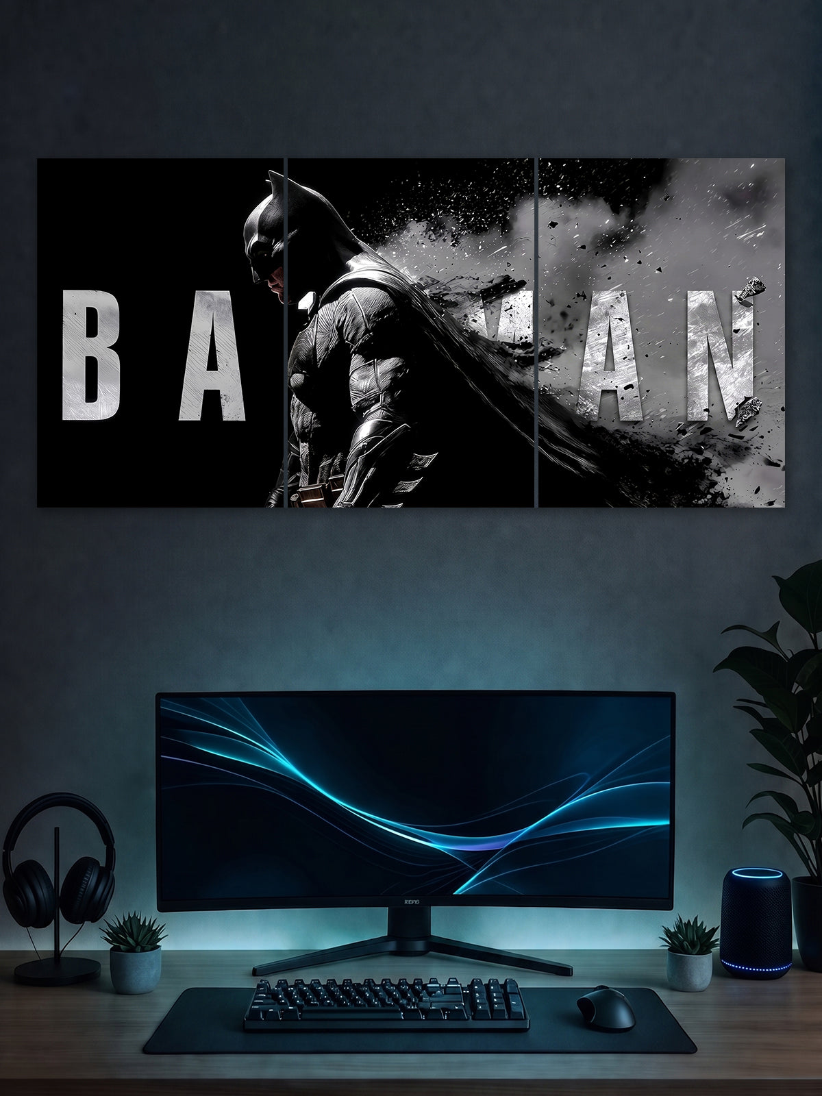 Batman Dark Smoke Poster – Monochrome Superhero 3 Panel Wall Art