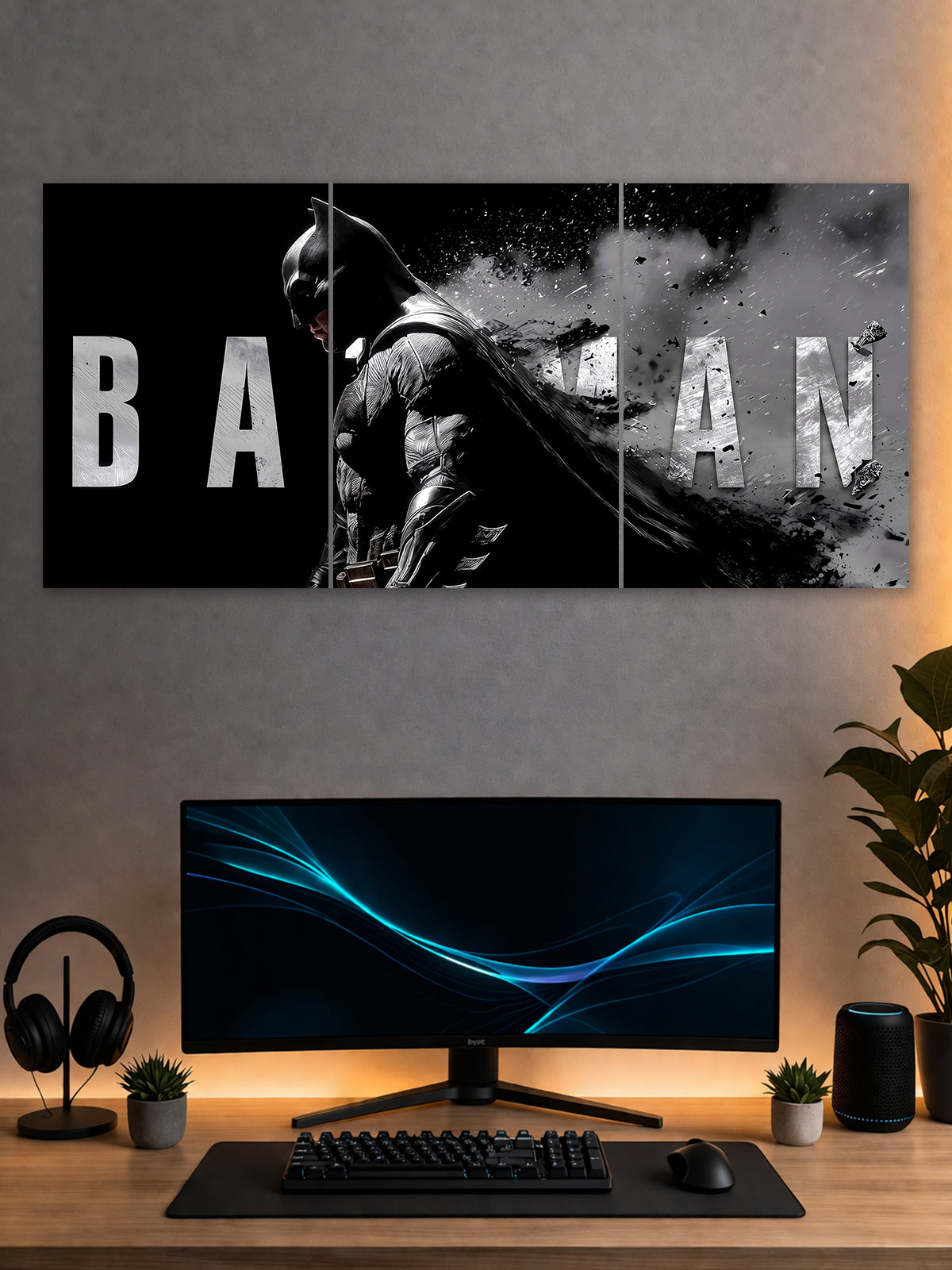 Batman Dark Smoke Poster – Monochrome Superhero 3 Panel Wall Art