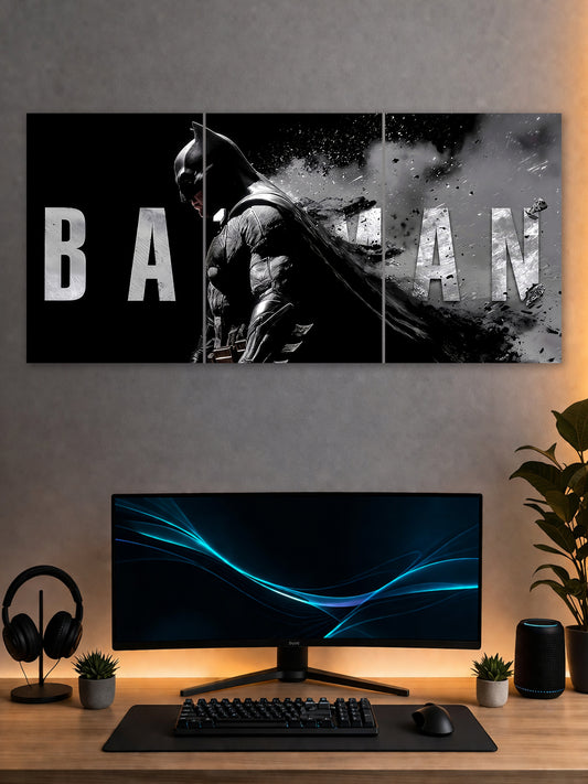 Batman Dark Smoke Poster – Monochrome Superhero 3 Panel Wall Art