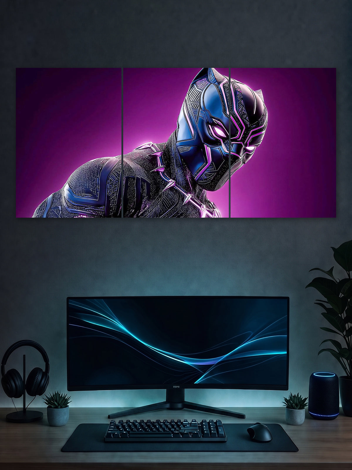 Black Panther Neon Purple Poster – Futuristic Superhero 3 Panel Wall Art