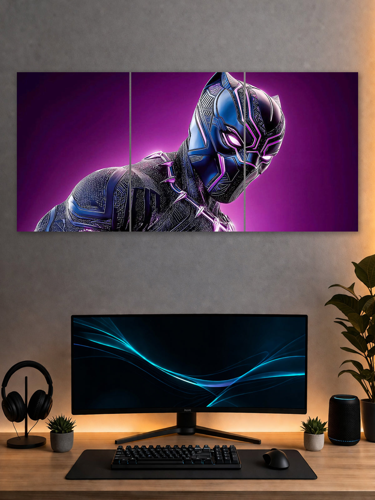 Black Panther Neon Purple Poster – Futuristic Superhero 3 Panel Wall Art