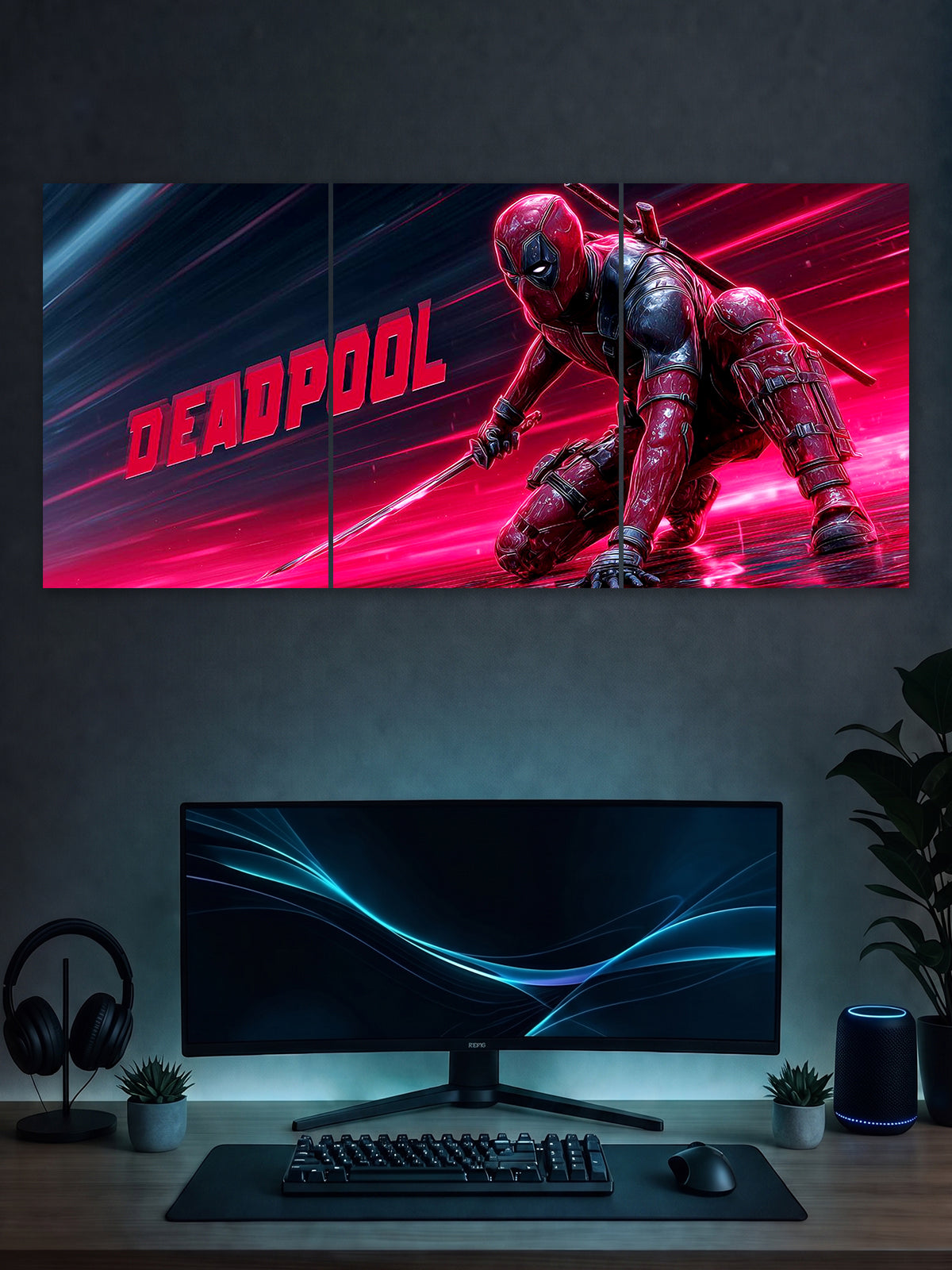 Deadpool Neon Action Poster – Red Cyberpunk Superhero 3 Panel Wall Art