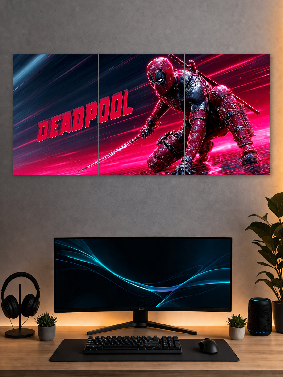Deadpool Neon Action Poster – Red Cyberpunk Superhero 3 Panel Wall Art