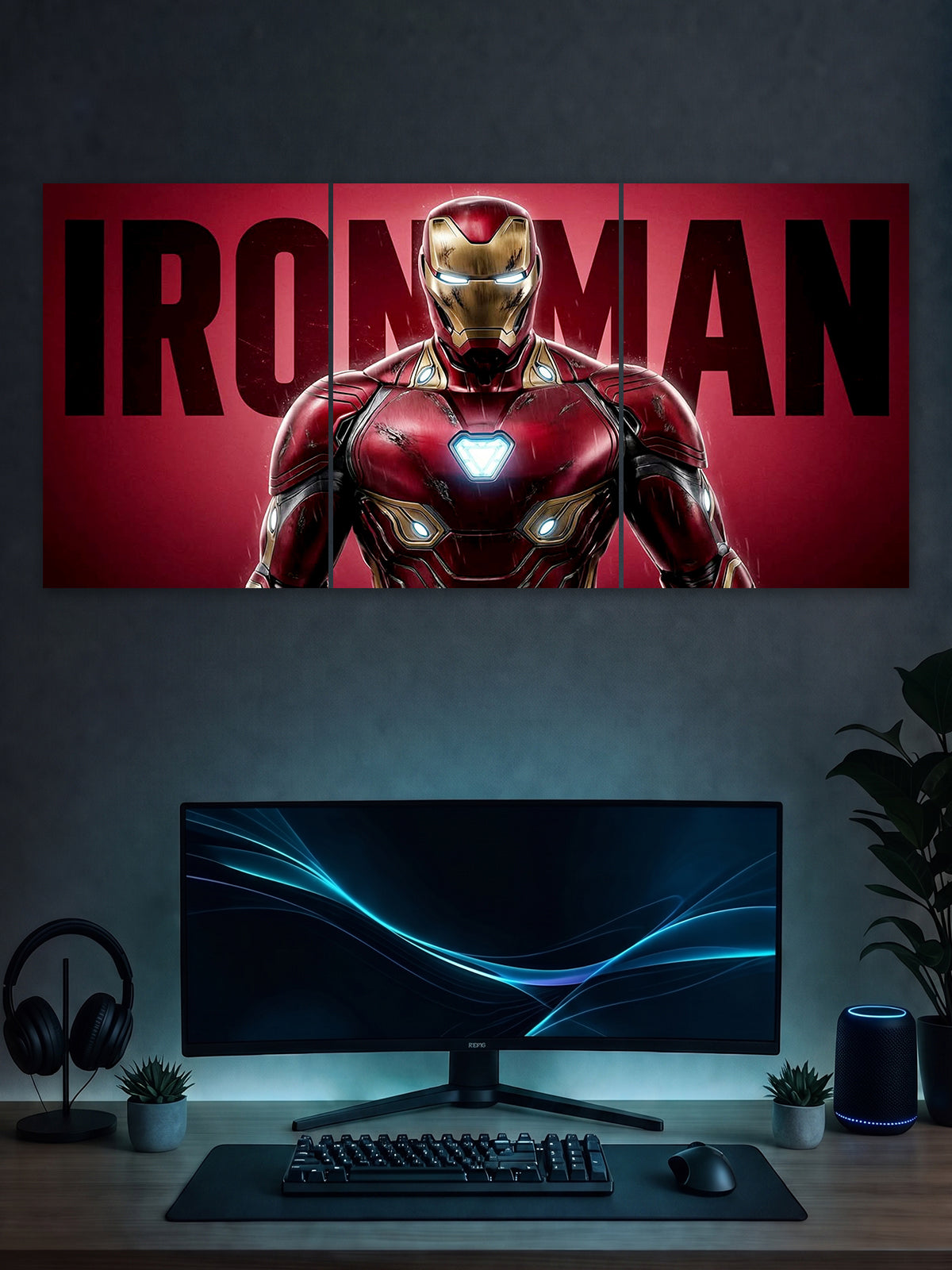 Iron Man Classic Red Poster – Cinematic Superhero 3 Panel Wall Art