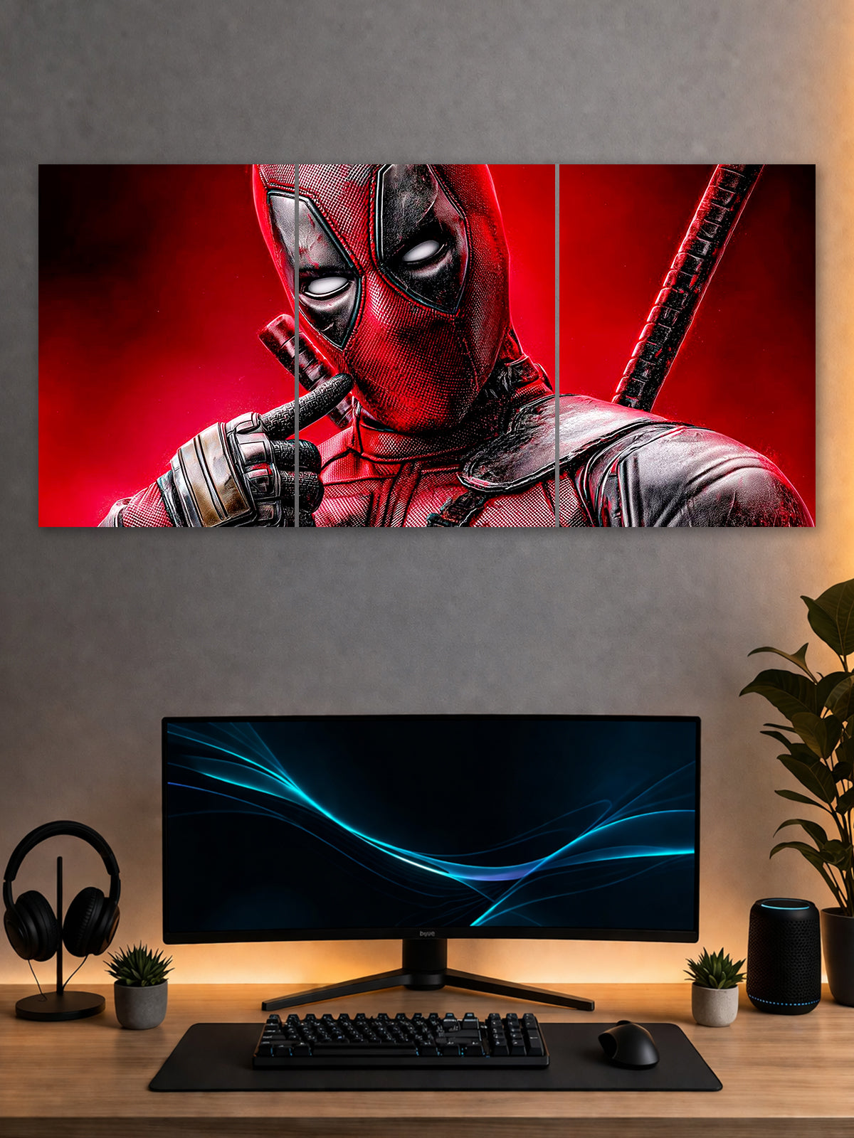 Deadpool Close-Up Red Poster – Bold Comic Superhero 3 Panel Wall Art