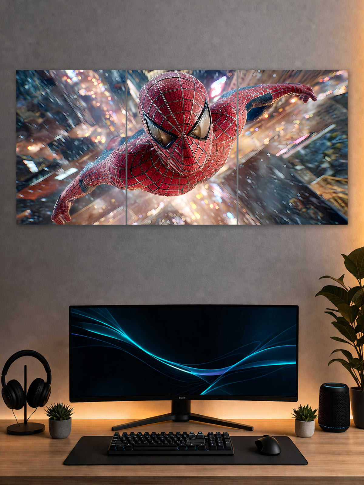 Spider-Man Swing Action Poster – Cinematic Superhero 3 Panel Wall Art