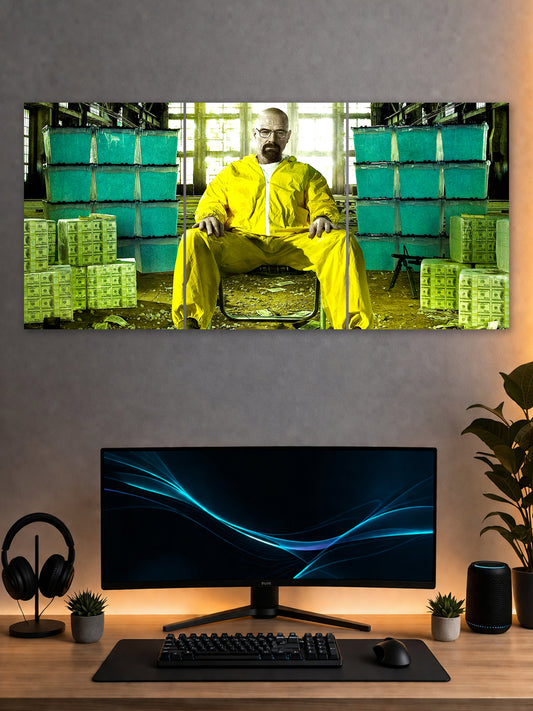 Walter White Breaking Bad split poster featuring his yellow hazmat suit in an industrial setting, displayed above a computer desk.