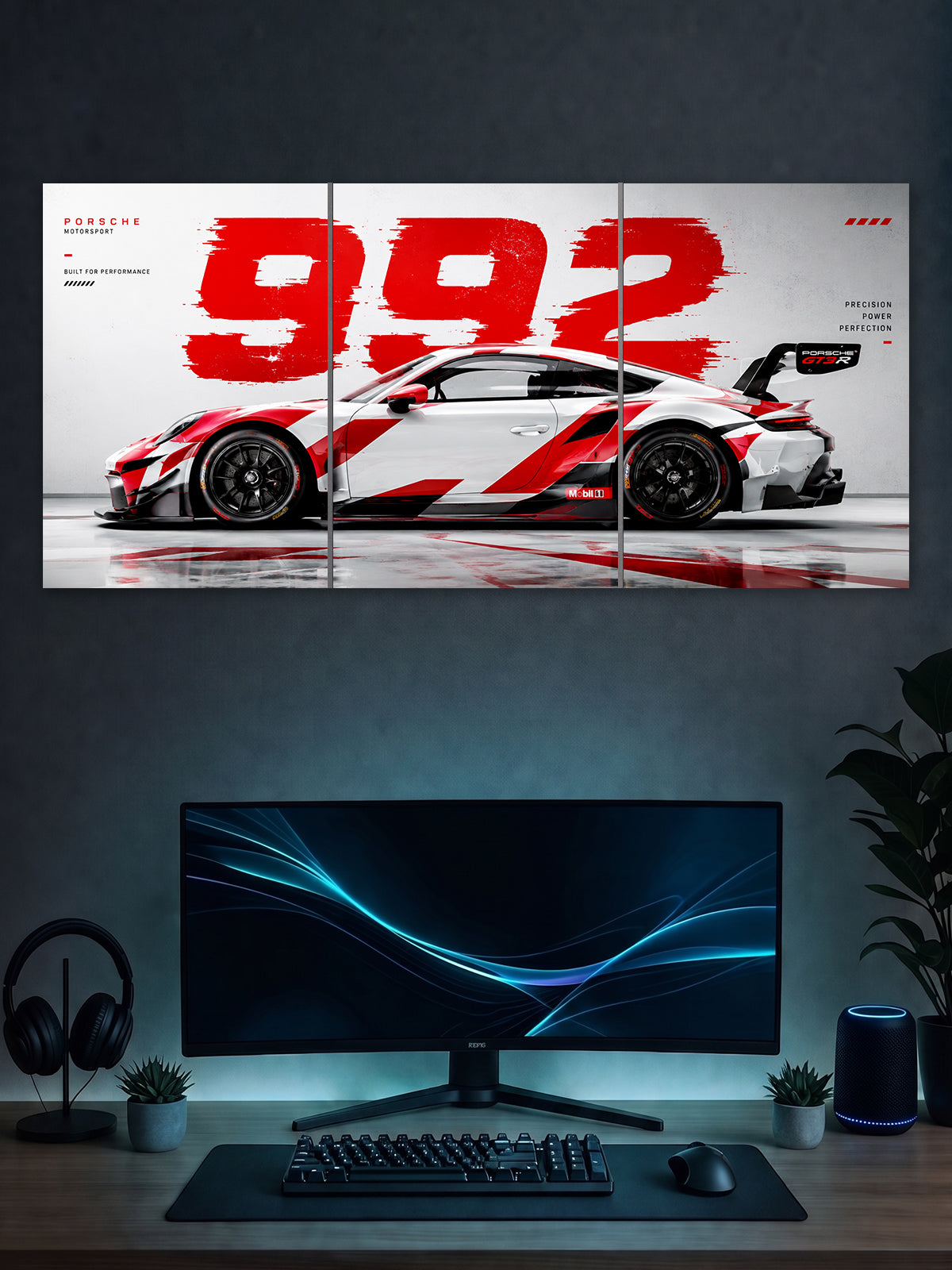 Porsche 992 GT3 RS Split Poster – Red & White Racing Car Wall Art | SHDW.STICK