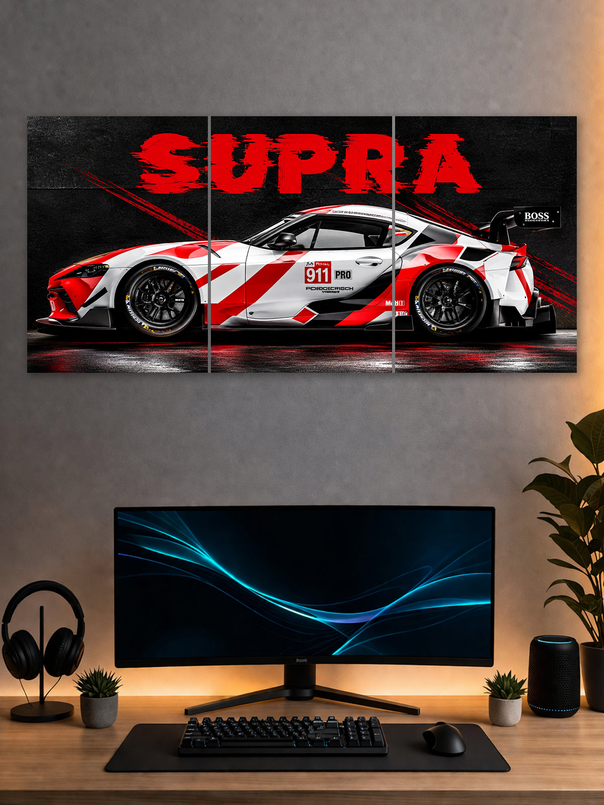 Toyota Supra GT Racing Split Poster – Red & White Sports Car Wall Art | SHDW.STICK