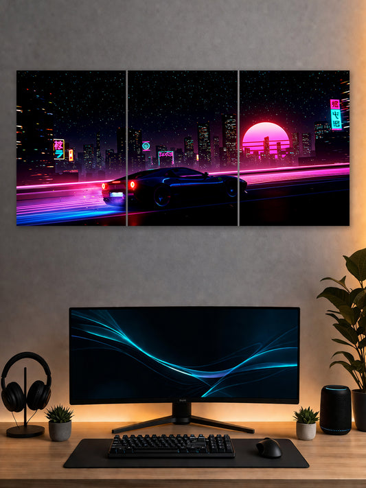 Cyberpunk Neon Car Split Poster – Synthwave City Wall Art | SHDW.STICK