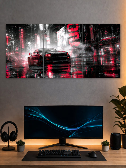 Red Neon Mustang Split Poster – Cyberpunk Sports Car Wall Art | SHDW.STICK