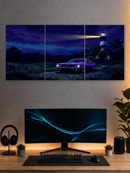 Purple Muscle Car Split Poster – Lighthouse Nightscape Wall Art | SHDW.STICK