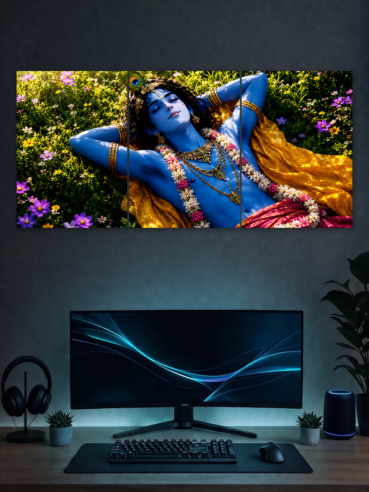 Lord Krishna 3-panel split wall poster featuring Krishna resting in a vibrant flower garden with traditional golden attire