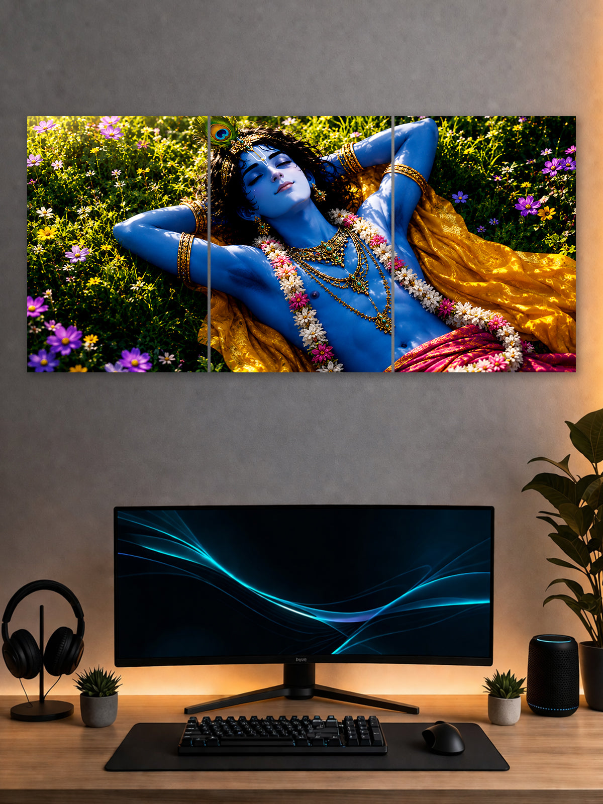 Lord Krishna 3-panel split wall poster featuring Krishna resting in a vibrant flower garden with traditional golden attire
