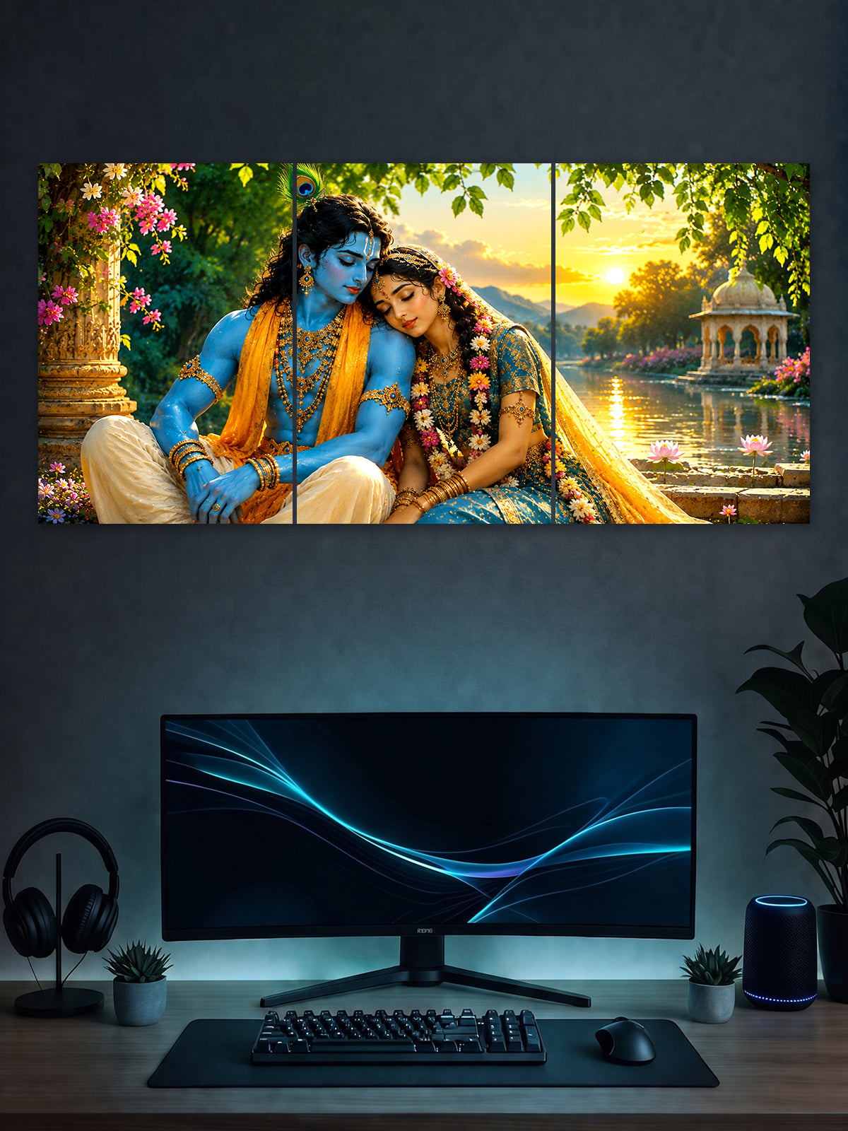 Radha Krishna 3-panel split wall poster showing Radha and Krishna seated together beside a serene lake and garden at sunset
