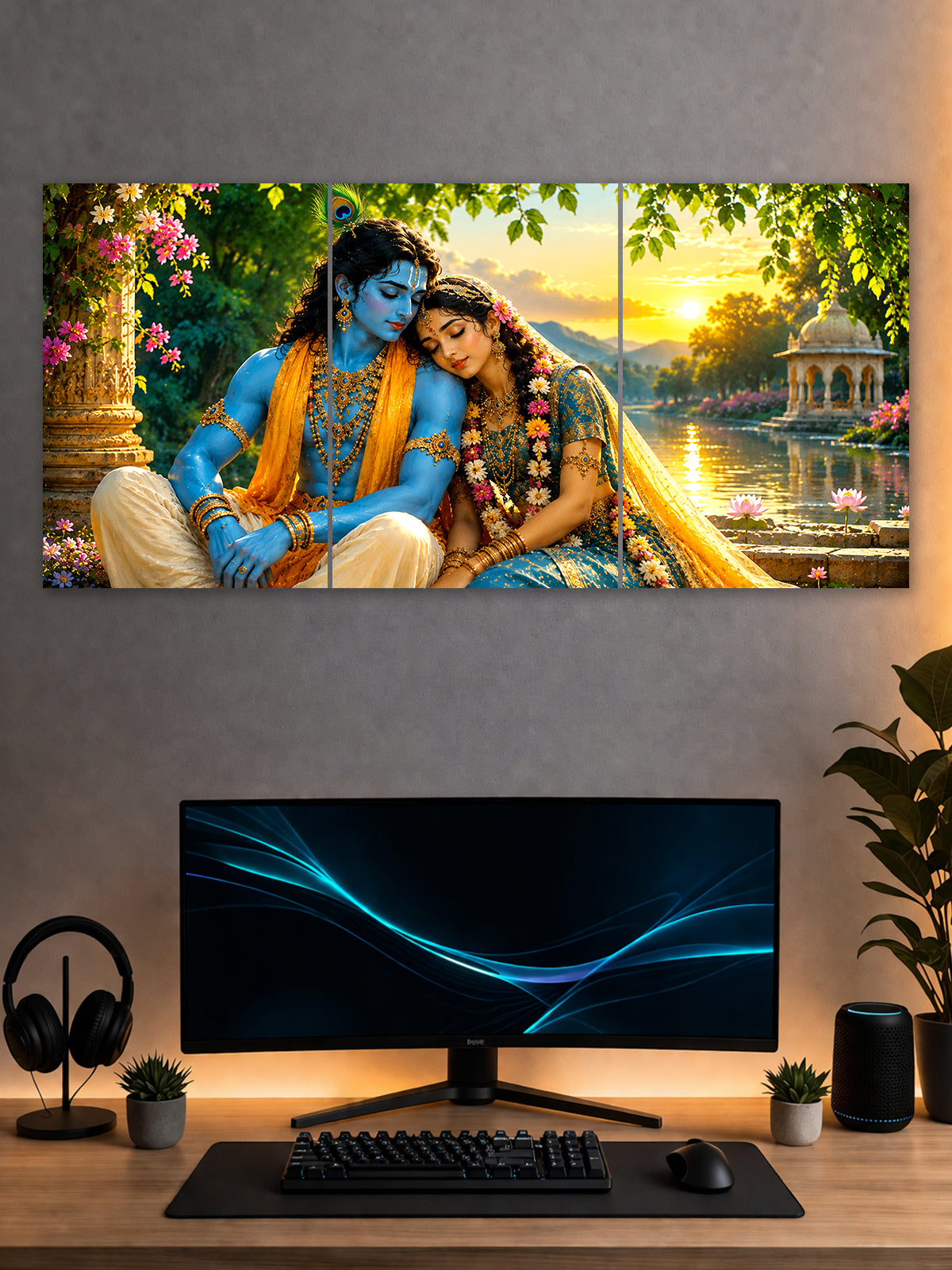 Radha Krishna 3-panel split wall poster showing Radha and Krishna seated together beside a serene lake and garden at sunset
