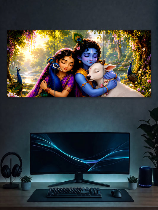 Radha Krishna 3-panel split wall poster featuring Krishna with a white cow, Radha and peacocks in a peaceful flowering forest