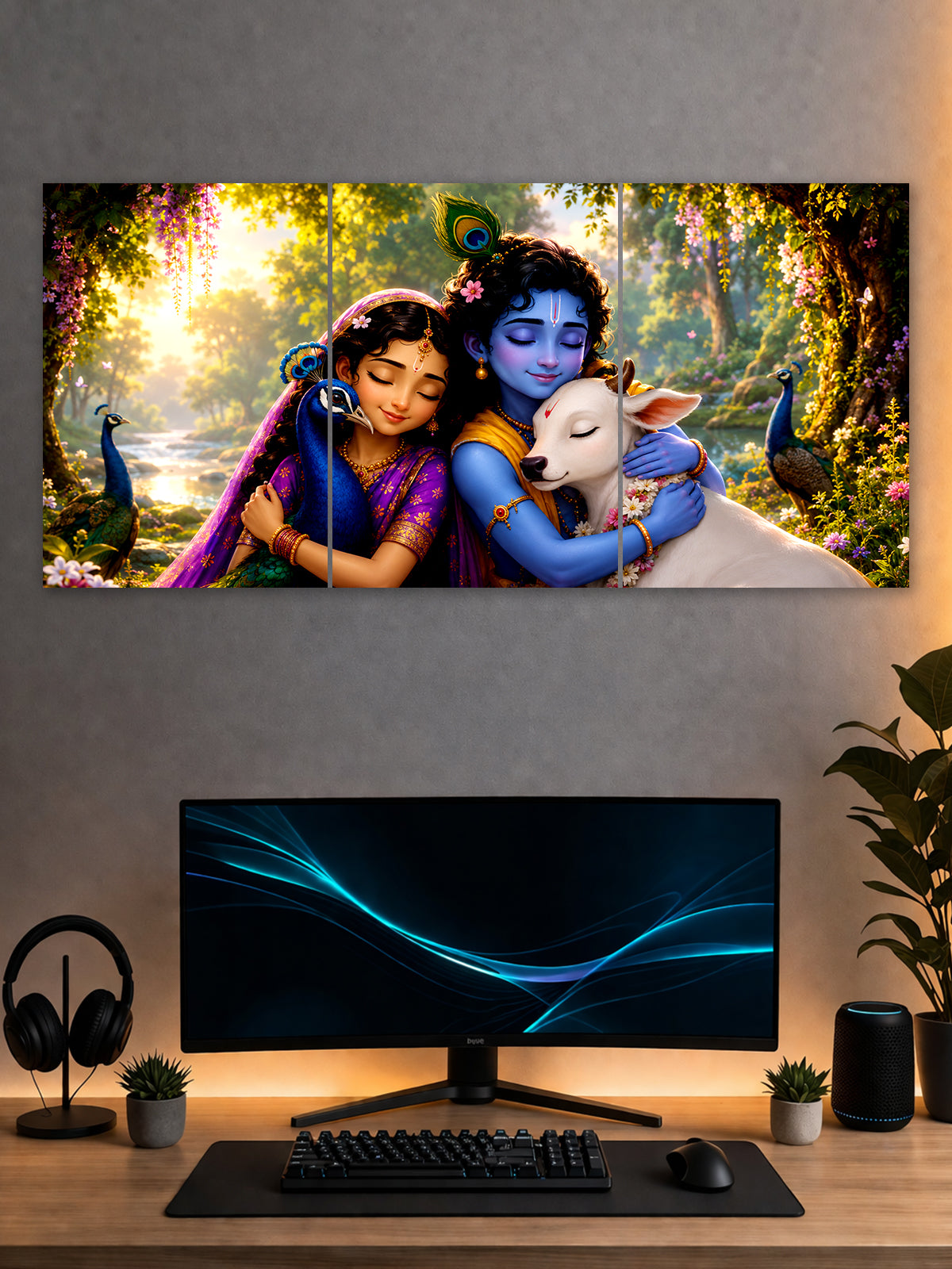 Radha Krishna 3-panel split wall poster featuring Krishna with a white cow, Radha and peacocks in a peaceful flowering forest