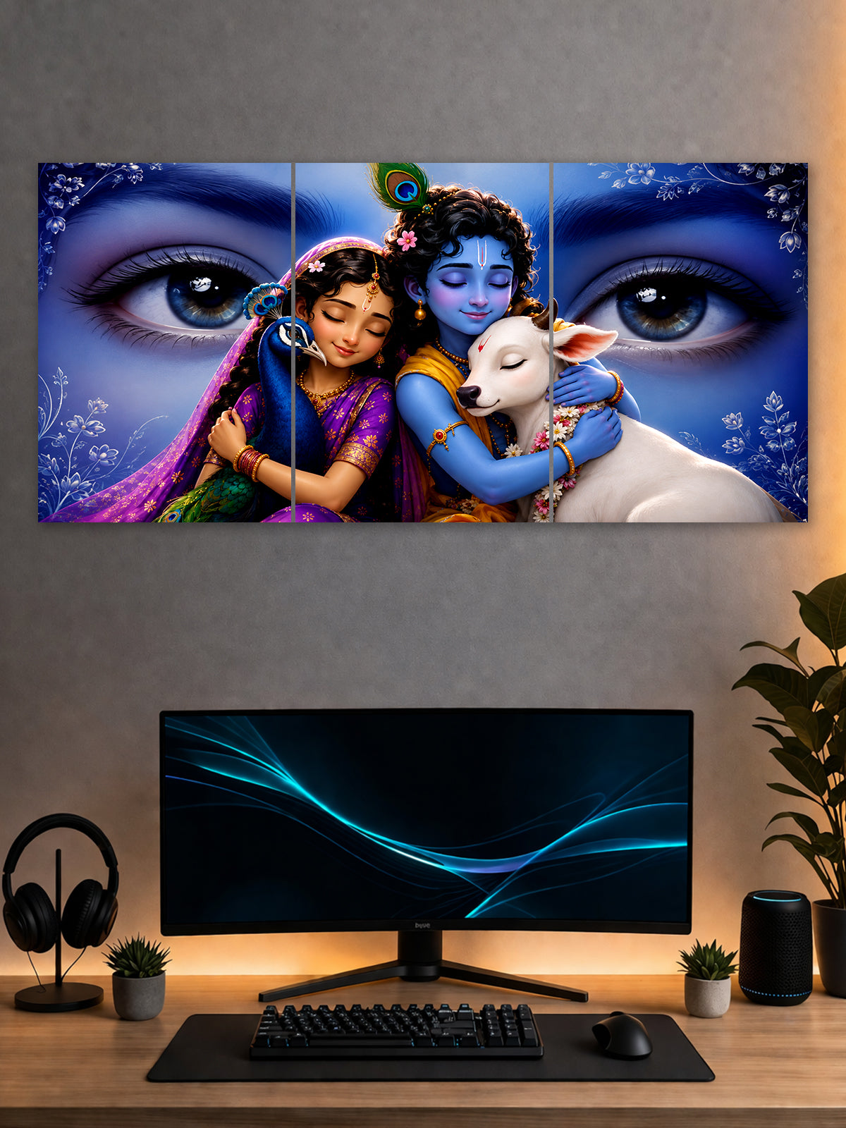 Radha Krishna 3-panel split wall poster featuring Radha, Krishna and a white cow with large divine eyes in a blue floral background