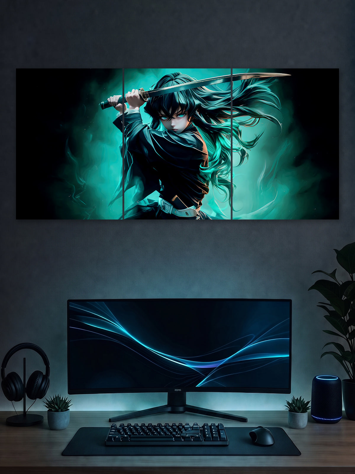 SHDW.STICK Teal Energy Anime Split Poster – Katana Warrior Wall Art