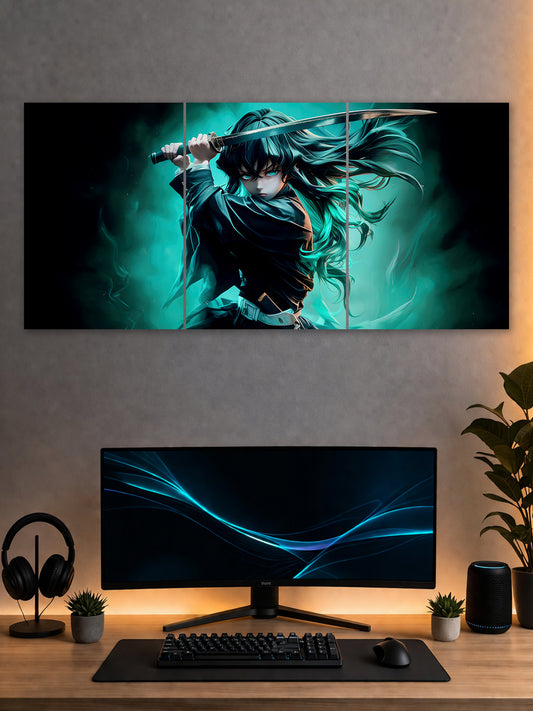 SHDW.STICK Teal Energy Anime Split Poster – Katana Warrior Wall Art
