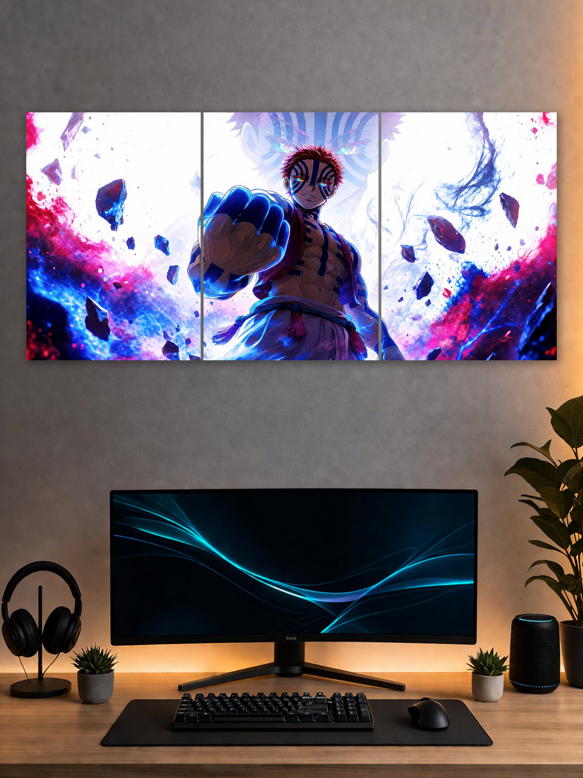 SHDW.STICK Akaza Anime Split Poster – Demon Slayer Blue & Purple Wall Art